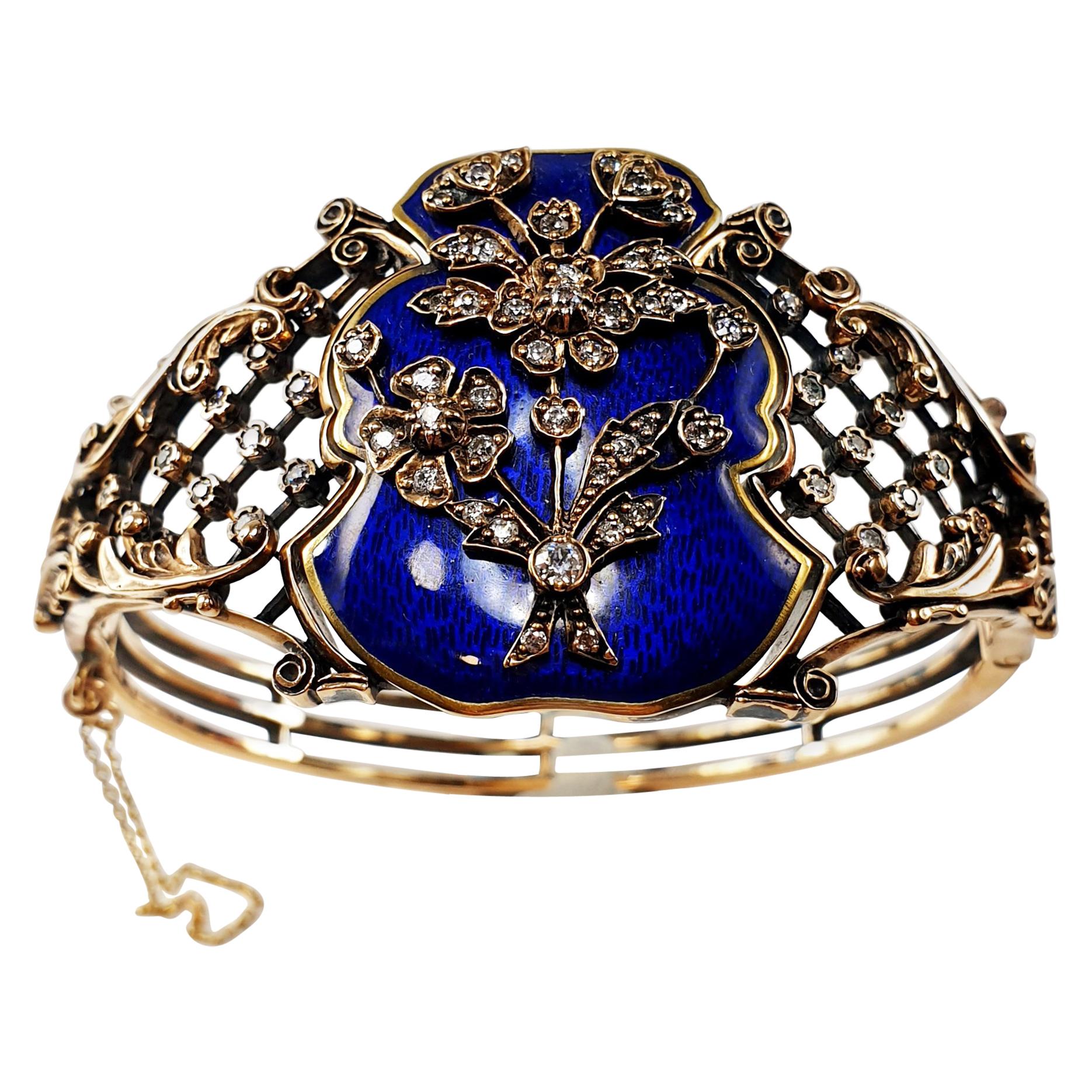 Russian Empire Flower Enamel Rose Gold and Diamonds Clamper Bracelet