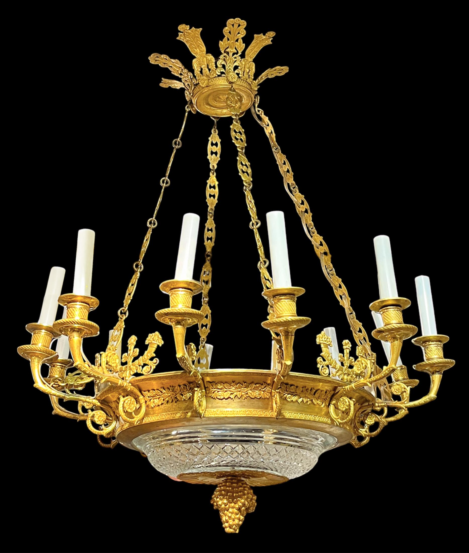 Lustre Empire à douze lumières en bronze doré monté sur verre taillé

Russie

Début du 19e siècle

Elle se compose d'une couronne moulée à palmettes et à anthémis suspendant quatre chaînes et d'une galerie circulaire avec des chars appliqués, une