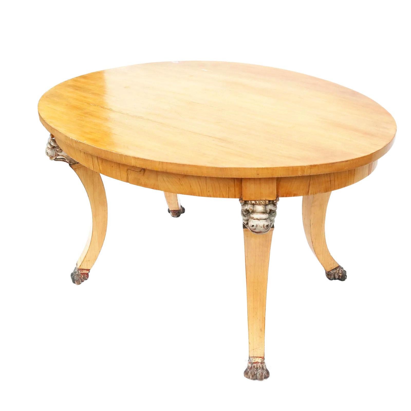 Our Russian Empire period oval table with birch veneer with silver gilt eagle-mounted legs and paw feet measures 35 by 49.5 inches and 30 inches tall. Provenance: Jay Waldmann, Waldmann Inc., Southampton, NY.
     