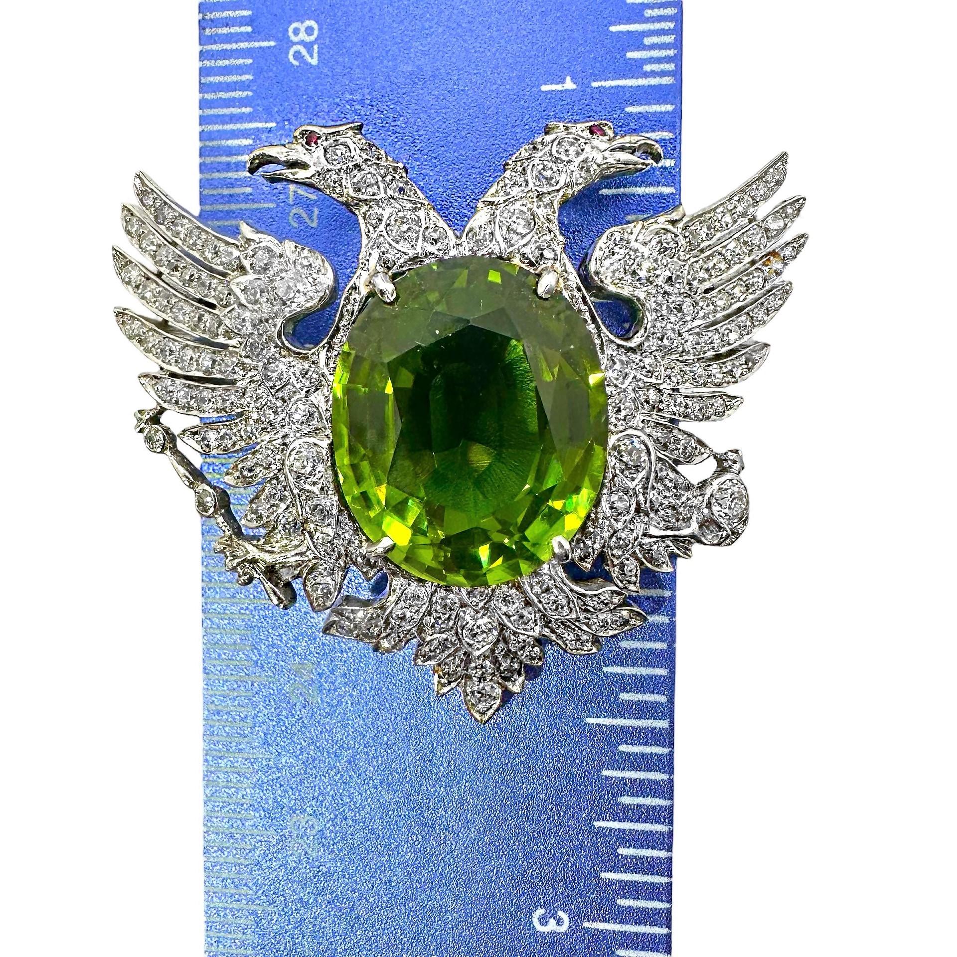 Old Mine Cut Russian Empire Period Jeweled Double Eagle Brooch with Large Peridot & Diamonds For Sale