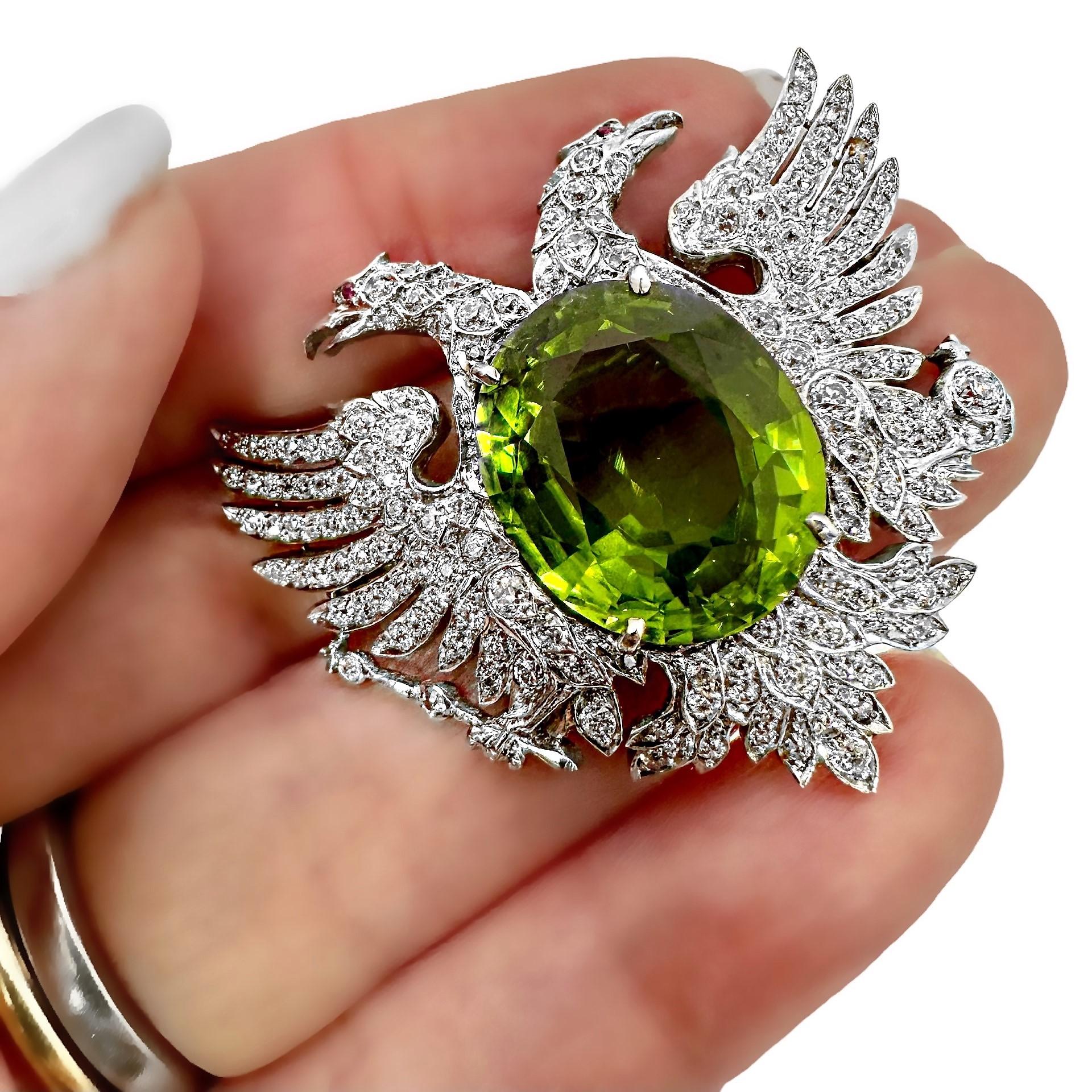 Women's or Men's Russian Empire Period Jeweled Double Eagle Brooch with Large Peridot & Diamonds For Sale