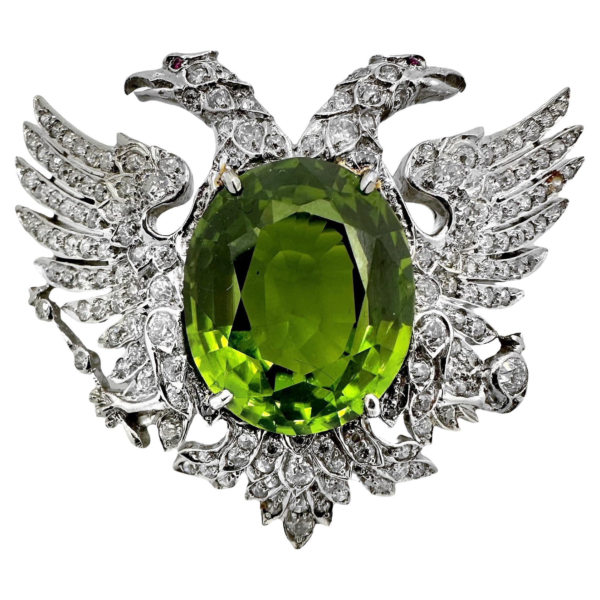Russian Empire Period Jeweled Double Eagle Brooch with Large Peridot & Diamonds For Sale
