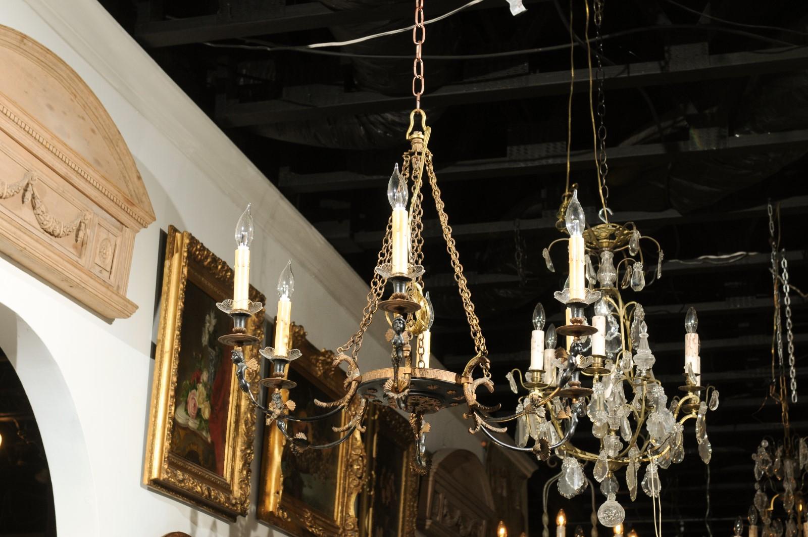 Russian Empire Style Black and Gold Six-Light Chandelier with Classical Figures 6
