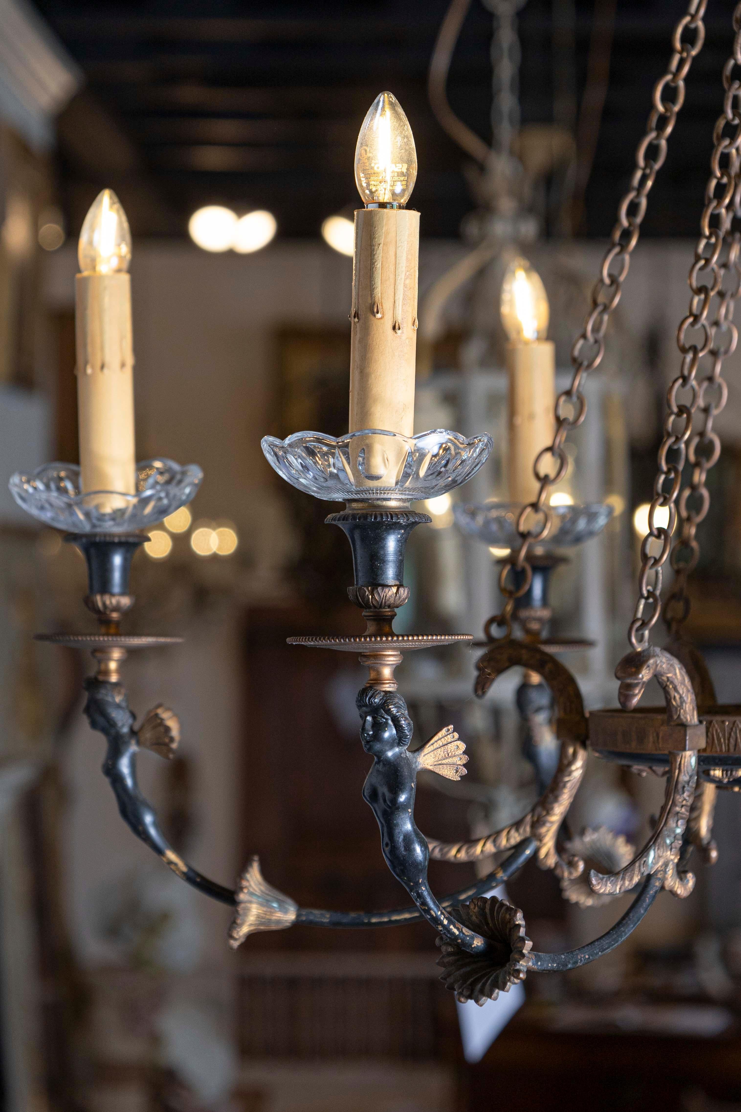 Russian Empire Style Black and Gold Six-Light Chandelier with Classical Figures In Good Condition In Atlanta, GA