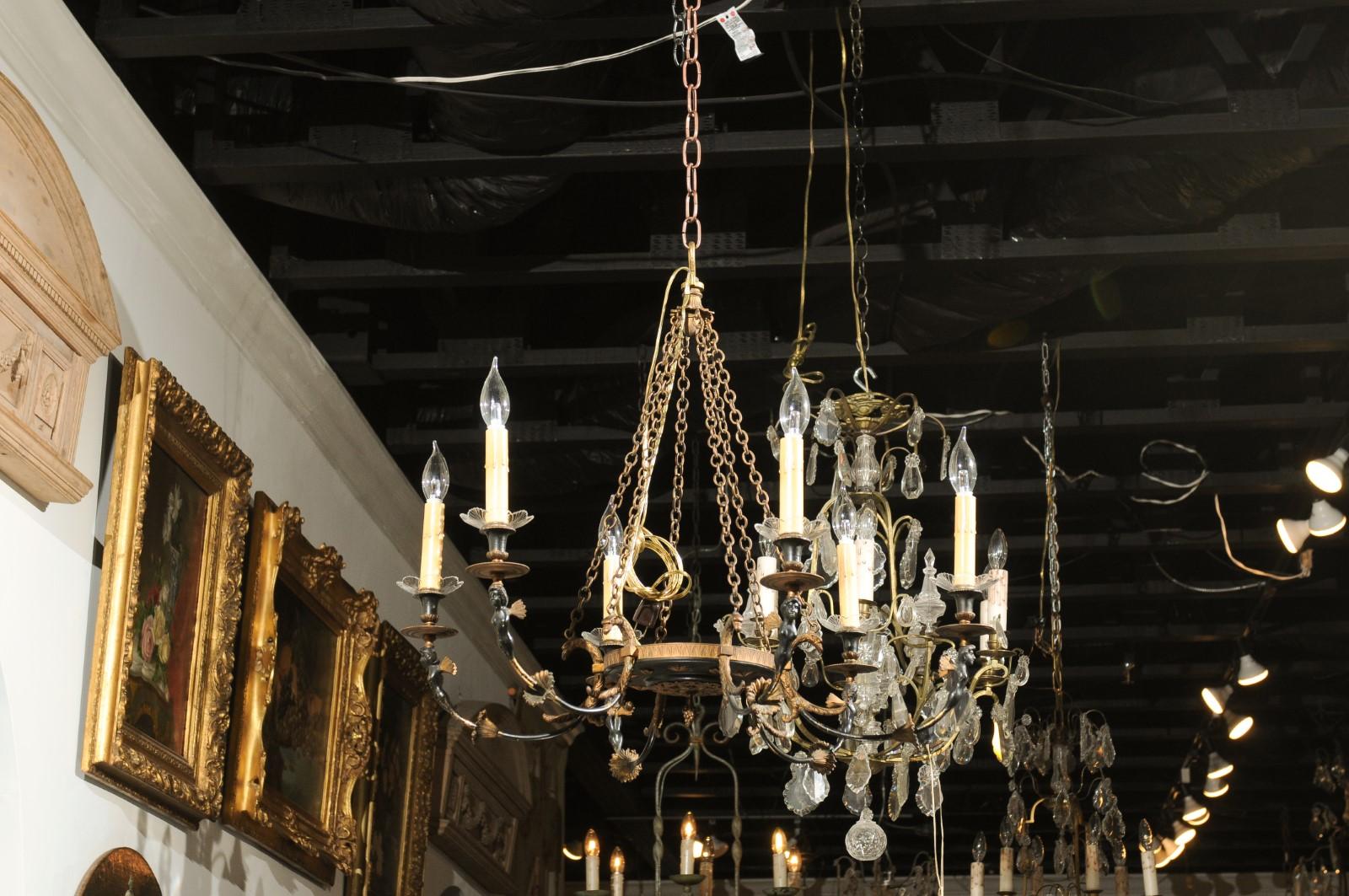 20th Century Russian Empire Style Black and Gold Six-Light Chandelier with Classical Figures