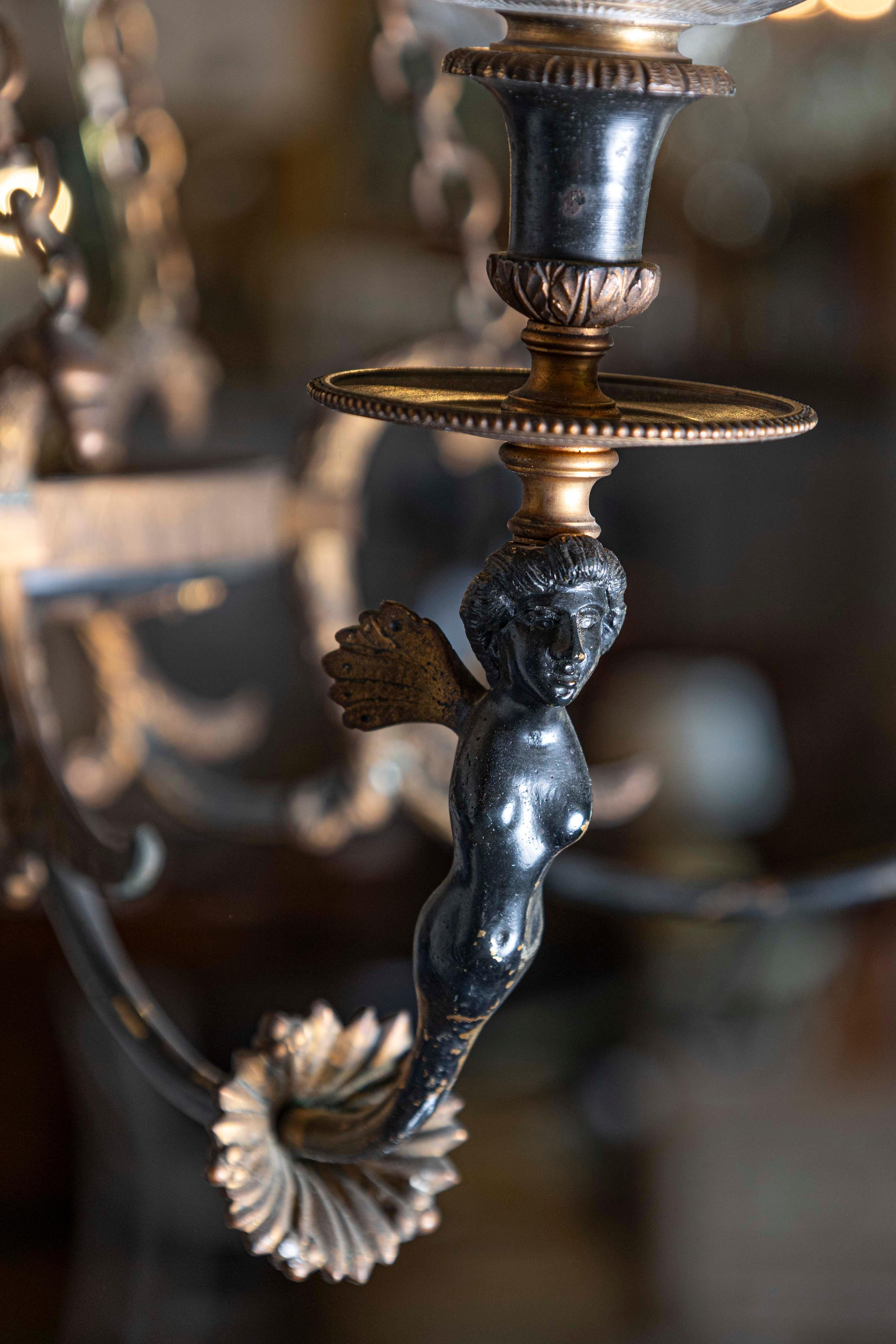 20th Century Russian Empire Style Black and Gold Six-Light Chandelier with Classical Figures