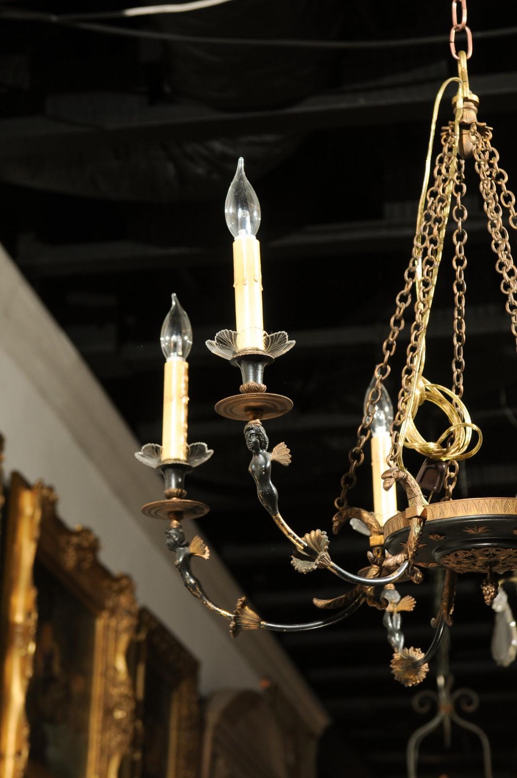 Bronze Russian Empire Style Black and Gold Six-Light Chandelier with Classical Figures