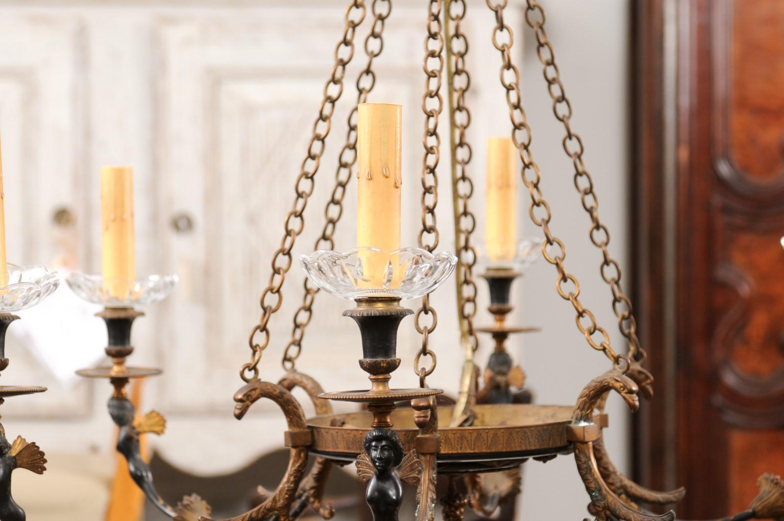 Bronze Russian Empire Style Black and Gold Six-Light Chandelier with Classical Figures For Sale