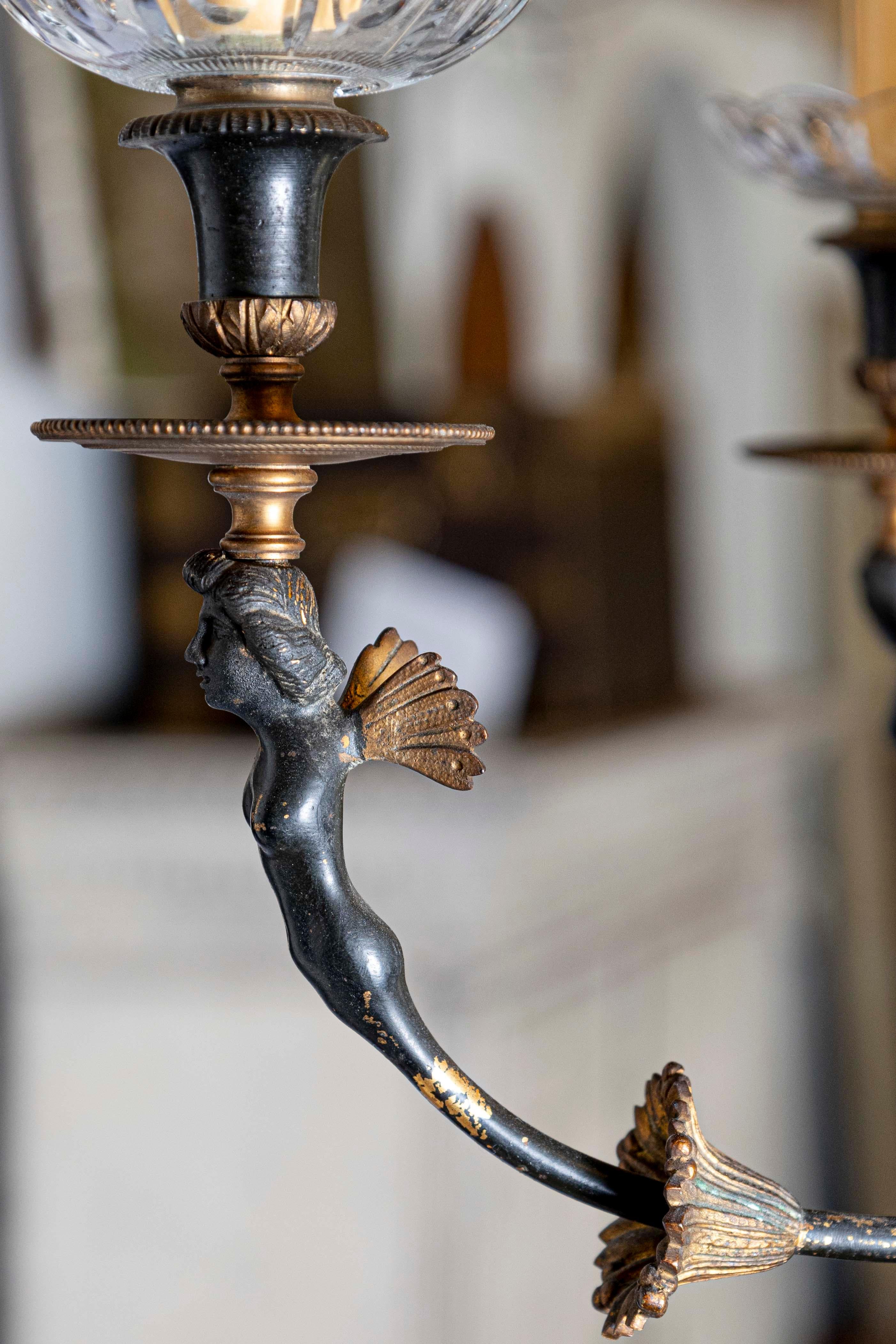Bronze Russian Empire Style Black and Gold Six-Light Chandelier with Classical Figures