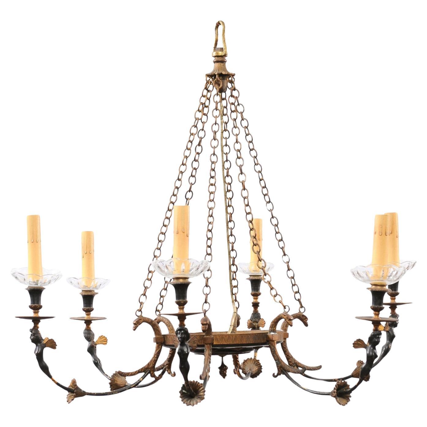 Russian Empire Style Black and Gold Six-Light Chandelier with Classical Figures For Sale