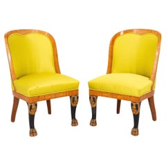 Antique Russian Empire Upholstered Mahogany Chairs, Pair