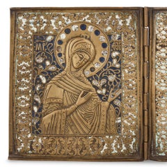 Russian Enamel and Bronze Three-Panel Folding Icon