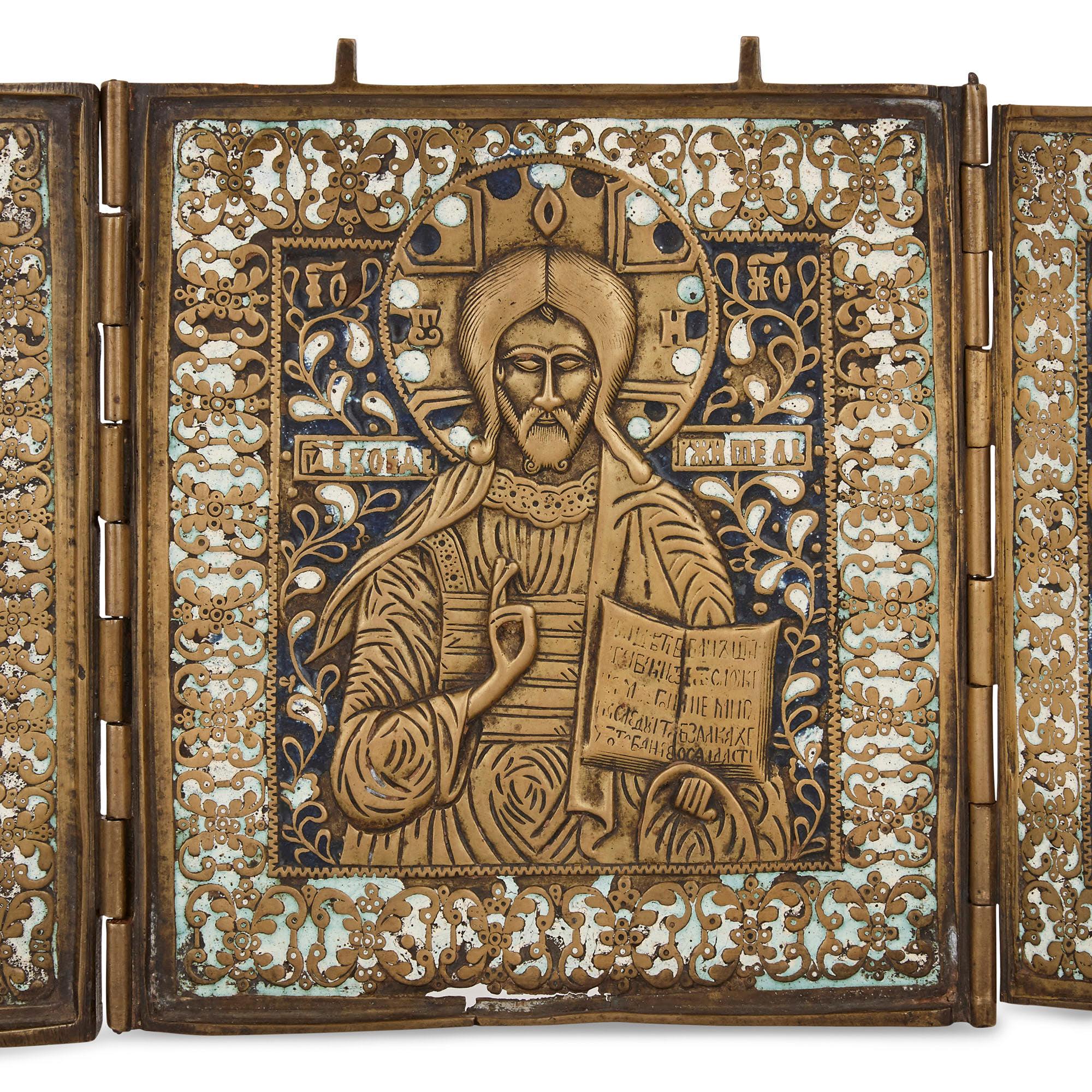 Russian Enamel and Bronze Three-Panel Folding Icon In Good Condition In London, GB