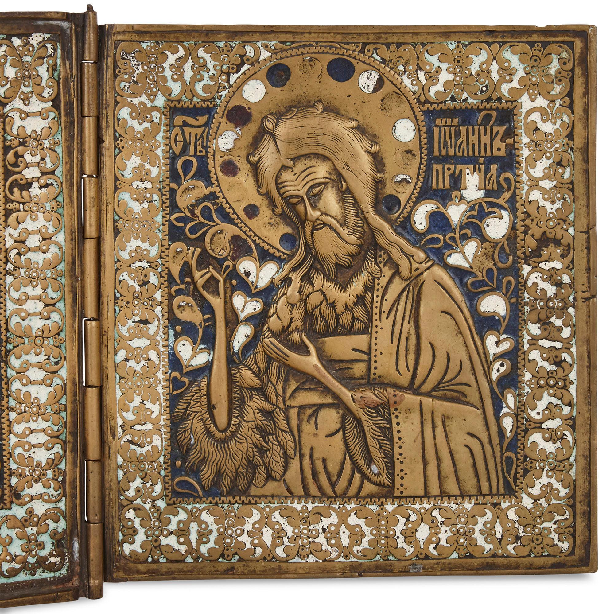 19th Century Russian Enamel and Bronze Three-Panel Folding Icon