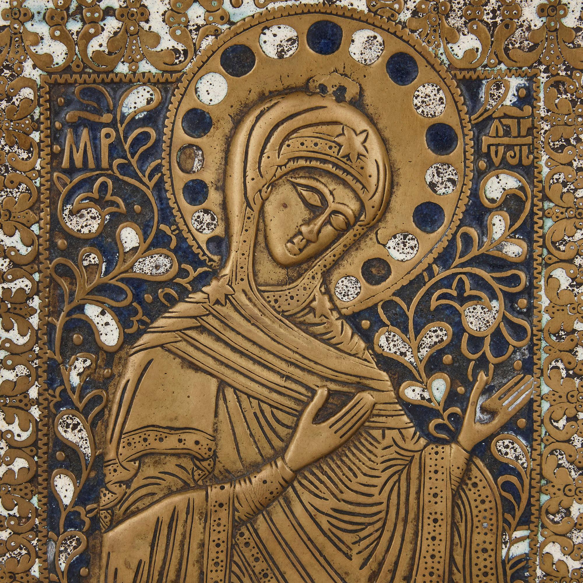 Russian Enamel and Bronze Three-Panel Folding Icon 1