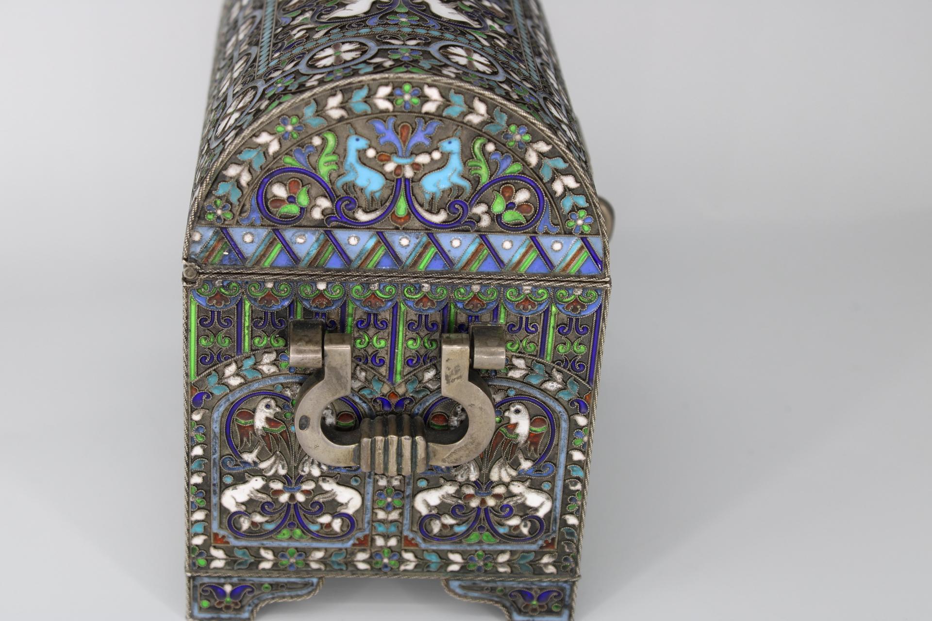 We are delighted to offer for sale this stunning and very rare full sized Imperial Russian 1881 Cloisonné enamel Chest box made from solid silver by the highly coveted Pavel Ovchinnikov whilst he worked with Ivan Khlebnikov complete with the Romanov