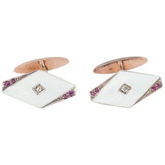 Antique Art Nouveau Cufflinks 14 Karat Gold, Diamond, Ruby & Enamel, Russian circa 1890
