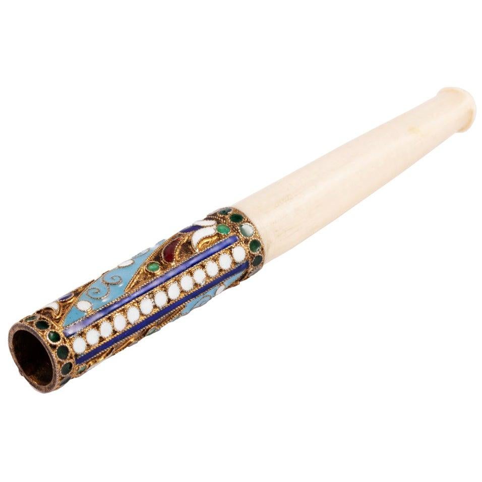 Russian Enameled Silver-Gilt Cigarette Holder, 20th Century