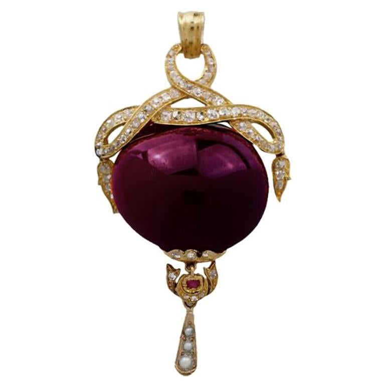 Russian, Estate from 1800s, 22 Karat Rose Cut Diamond, Red Stone Lavalier