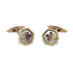Russian Fabergé Workmaster 14KT Gold Enamel and Gem-Set Cufflinks
