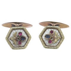 Russian Fabergé Workmaster 14KT Gold Enamel and Gem-Set Cufflinks