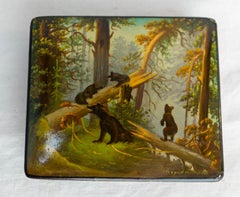 Scatola russa laccata Fedoskino "Mattina in una foresta di pini", Famiglia Orso 1965