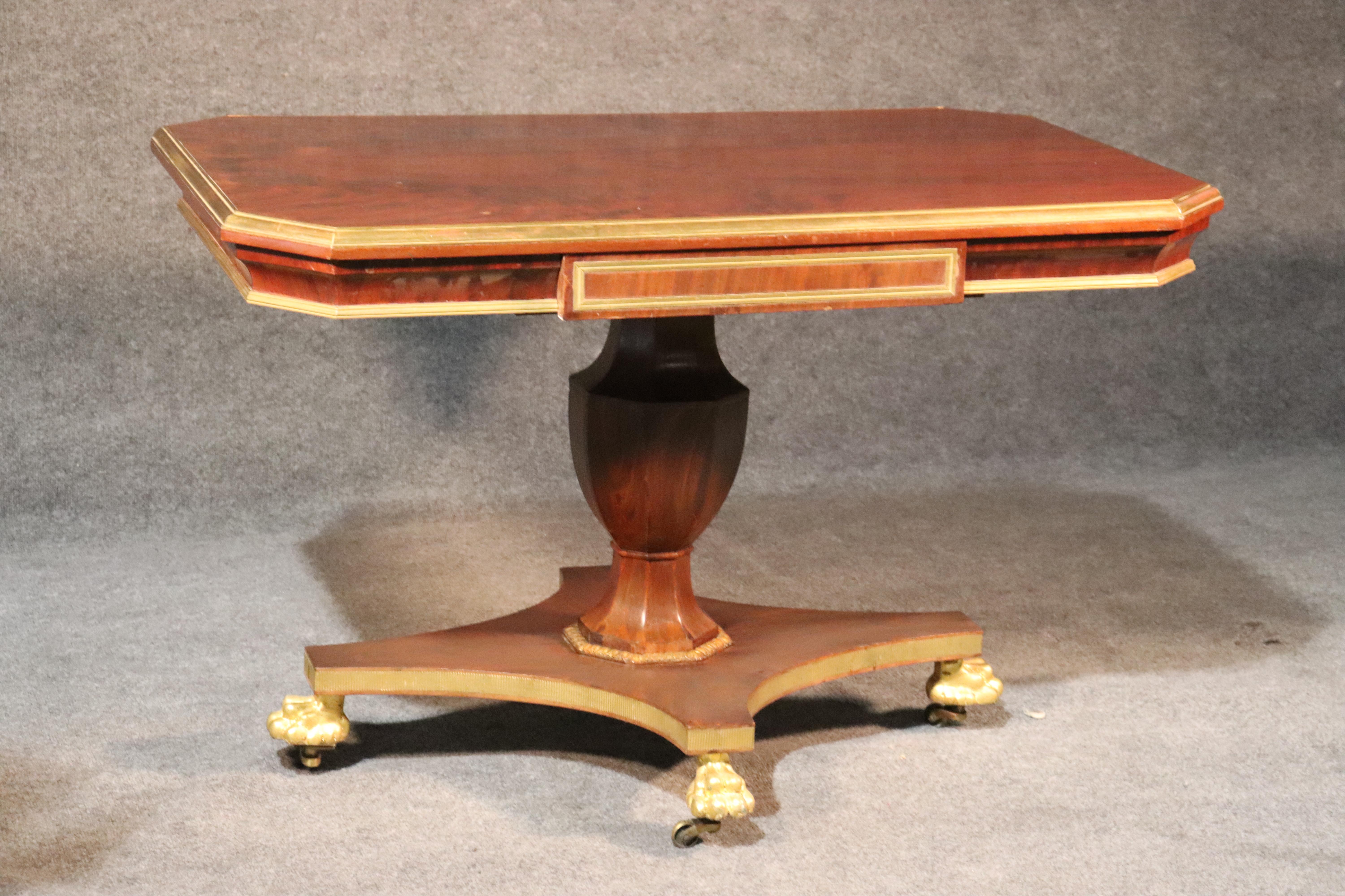 Russian Flame Mahogany Brass and Gilded Regency Style Paw Footed Writing Table In Good Condition In Swedesboro, NJ