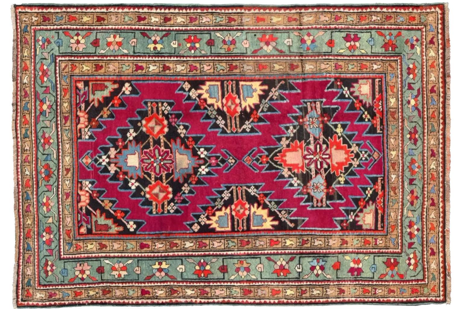Tribal Petit tapis russe Gharebagh Circa 1910 - Laine Marron Vert Rouge 72255 en vente