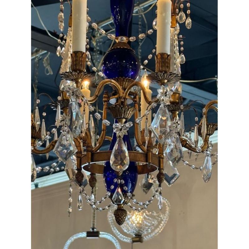 XIX secolo Lampadario russo in bronzo dorato e cobalto in vendita