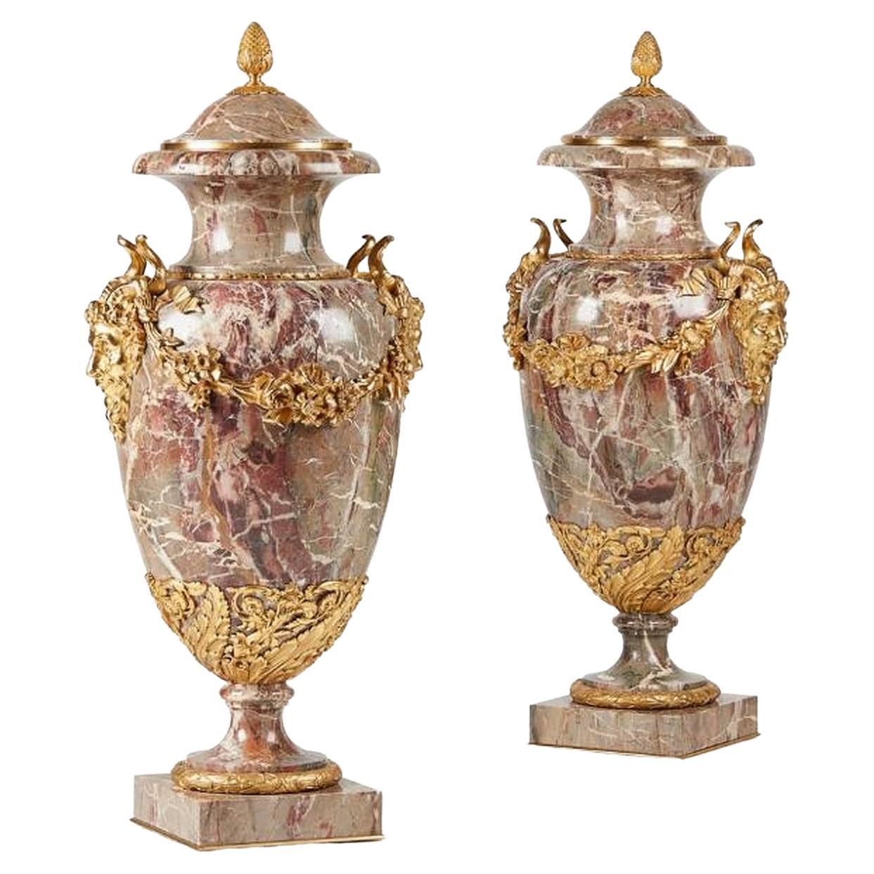 Fine Pair of Antique Russian Amethyst Cut Crystal Vases in Dore Bronze