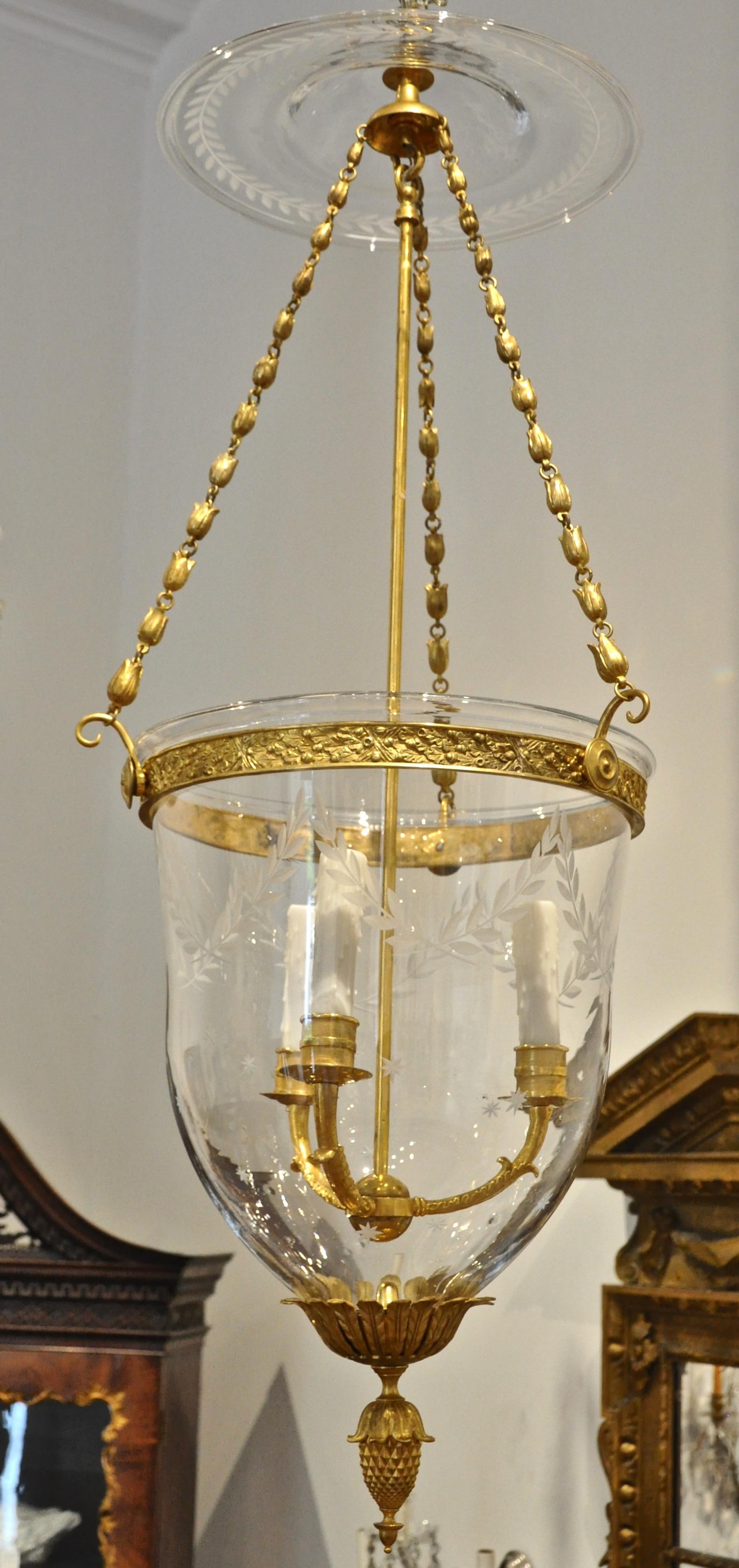 Etched Russian Gilt Bronze Neoclassical Style Bell Jar Hall Lantern