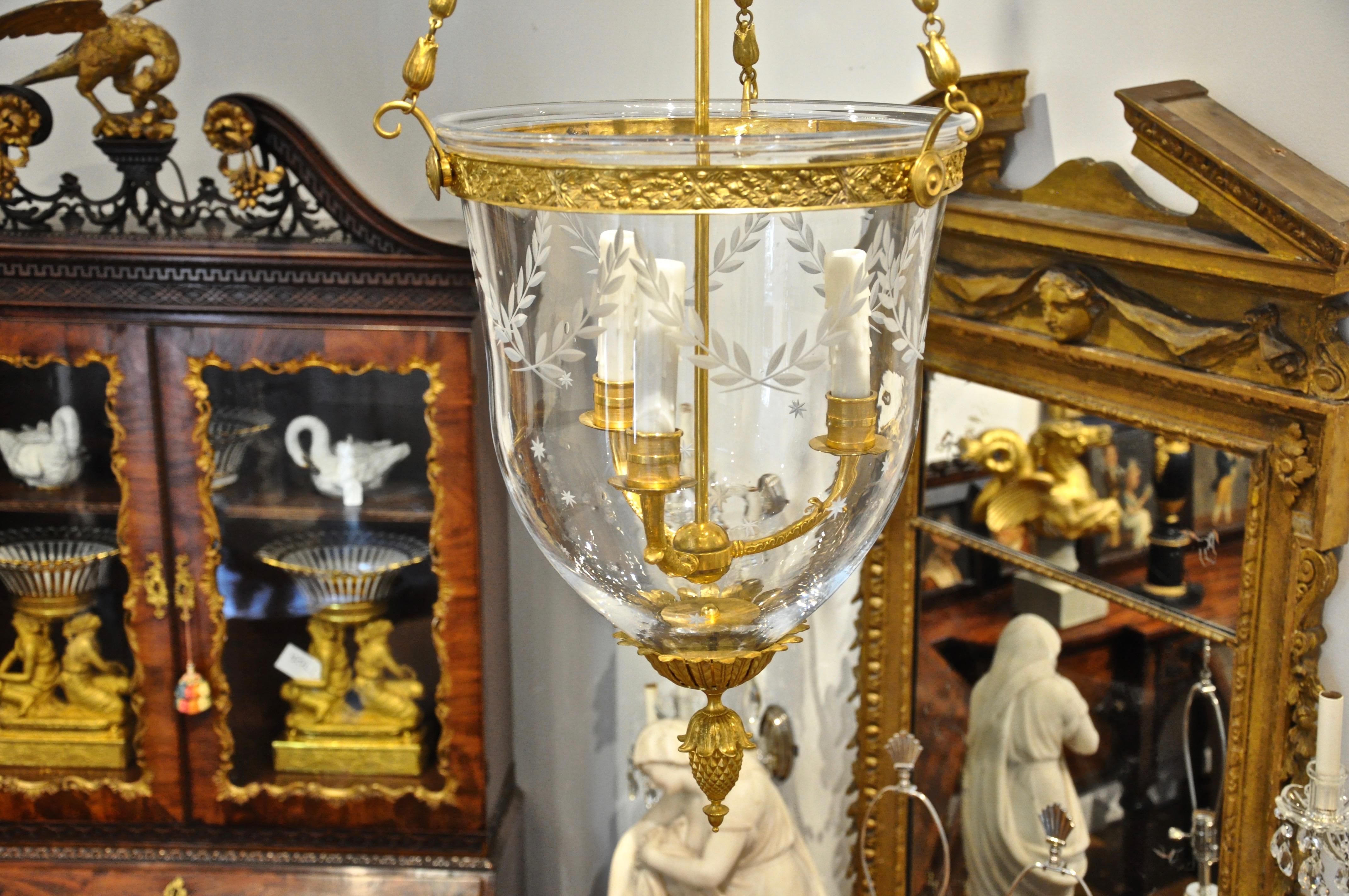 Russian Gilt Bronze Neoclassical Style Bell Jar Hall Lantern In Good Condition In Essex, MA