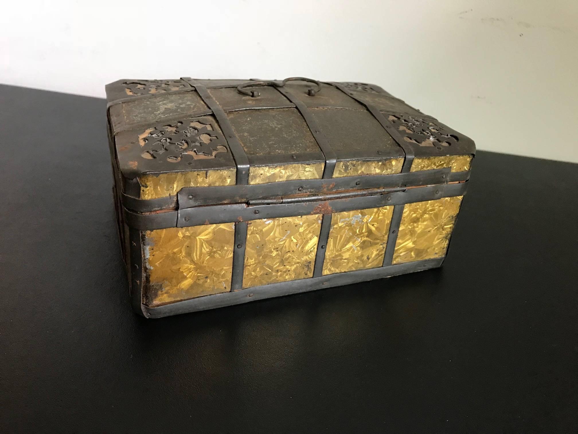 19th Century Russian Gilt Iron-Bound Box with Original Key In Good Condition For Sale In Stamford, CT