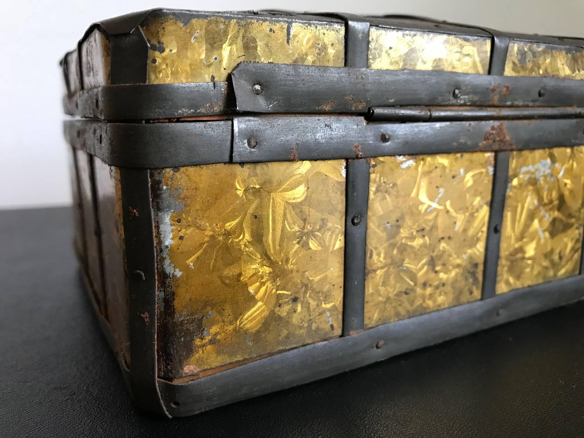 Wrought Iron 19th Century Russian Gilt Iron-Bound Box with Original Key For Sale