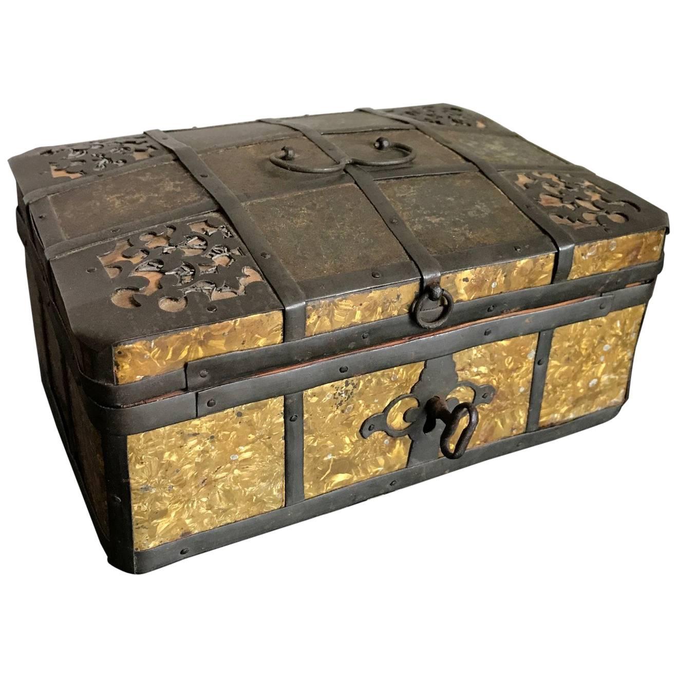 19th Century Russian Gilt Iron-Bound Box with Original Key For Sale