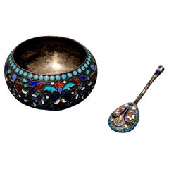 Russian Gilt Silver and Cloisonné Enamel Salt and Spoon