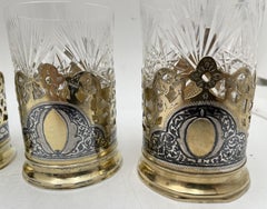 Russian Gilt Silver & Niello Set of 6 Tea/ Coffee Cups with Glass Liners