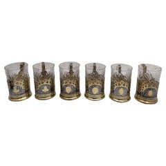 Russian Gilt Silver & Niello Set of 6 Tea/ Coffee Cups with Glass Liners