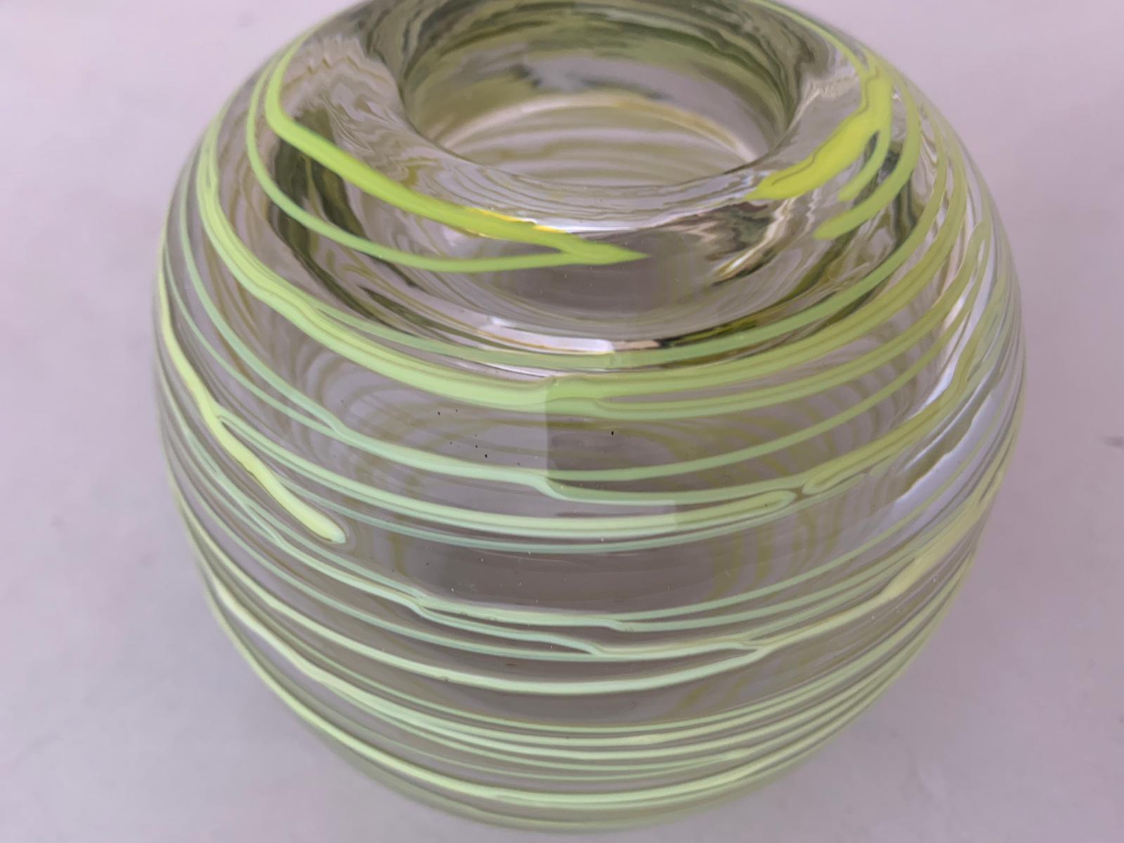 Bubble glass vase of generous thickness, surrounded by irregular filaments of varying shades of light green. Design -Svetlana Beskinskaya. Russia 1960.