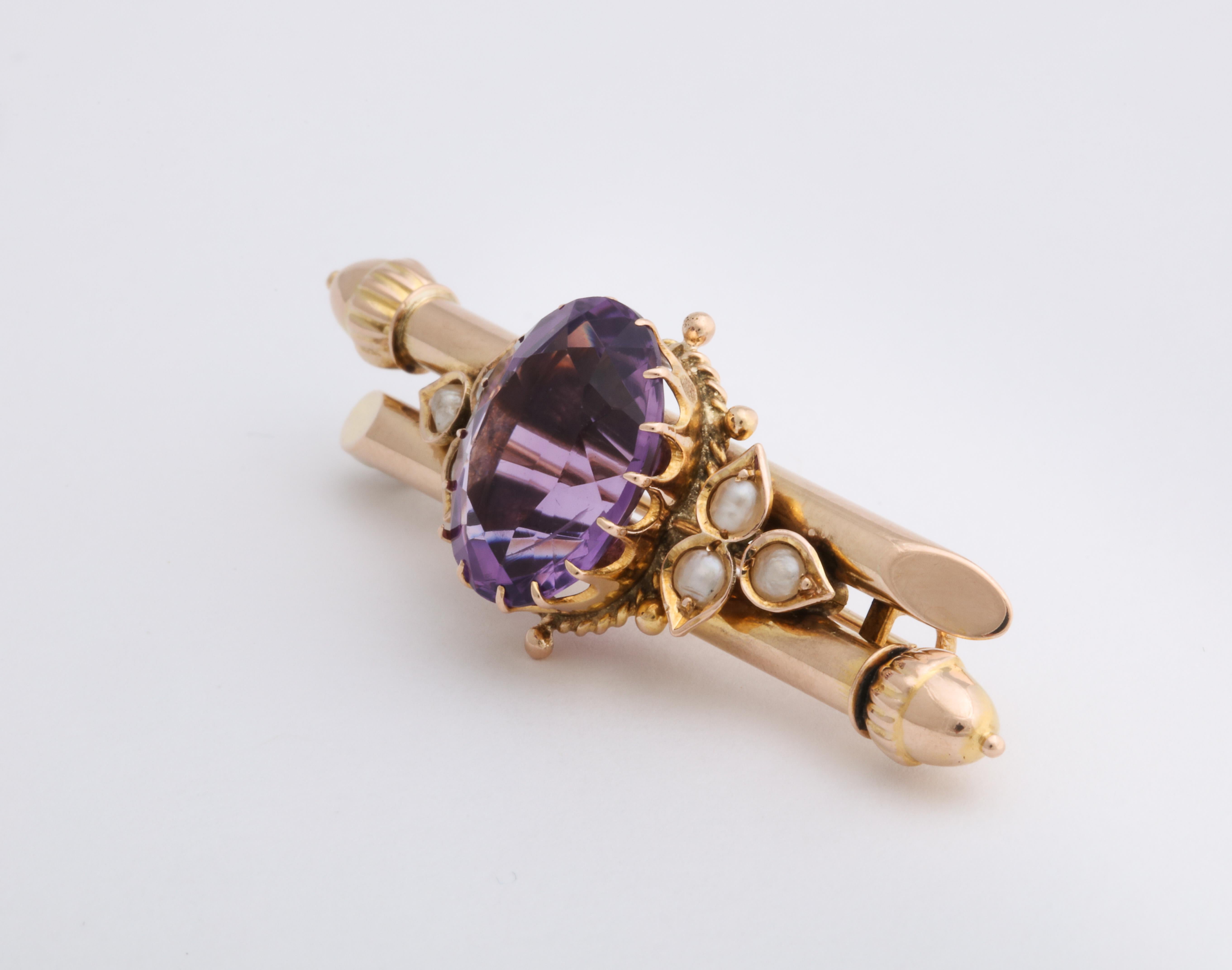 Victorian Russian Gold Amethyst and Pearl Pin, circa 1900