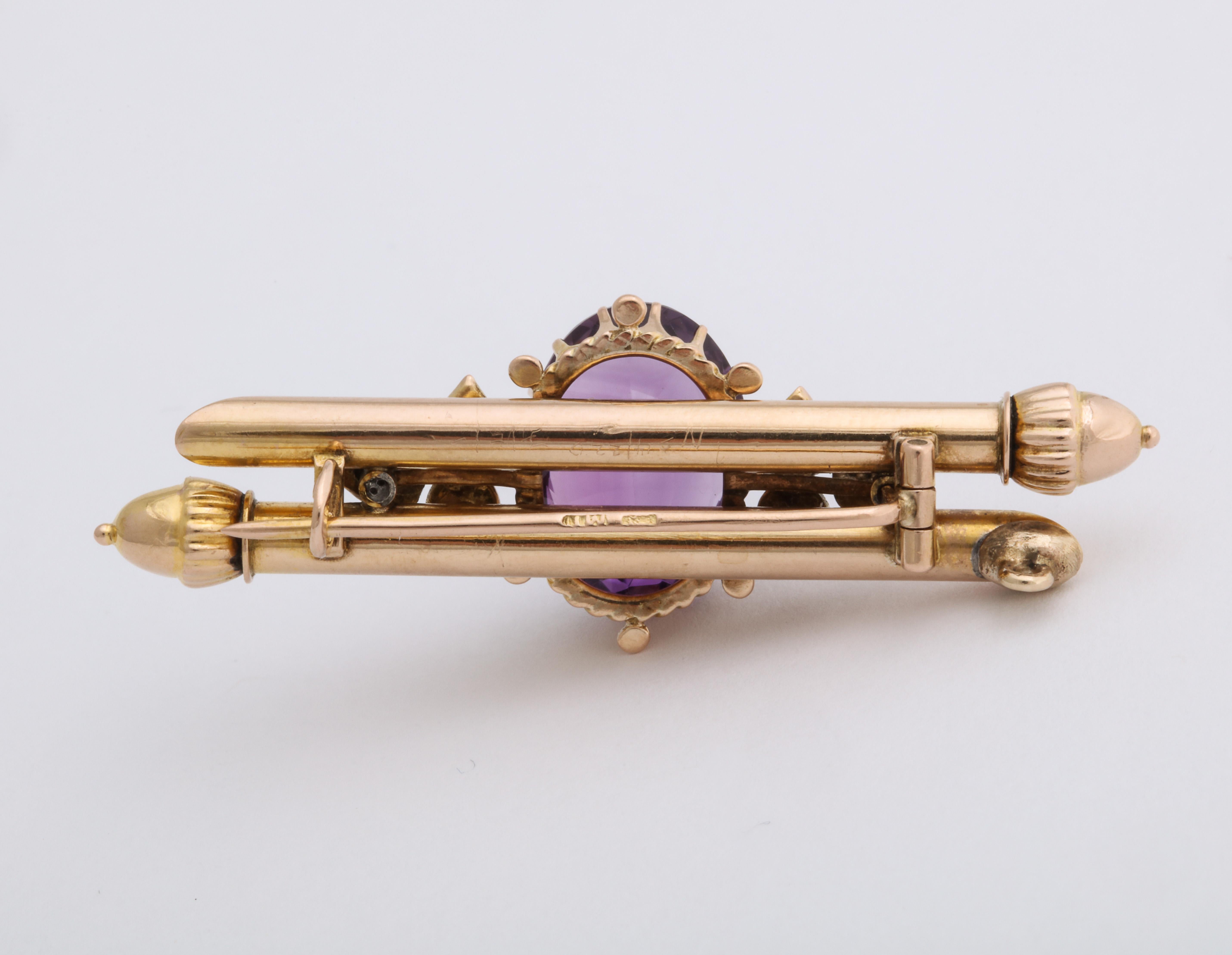 Oval Cut Russian Gold Amethyst and Pearl Pin, circa 1900
