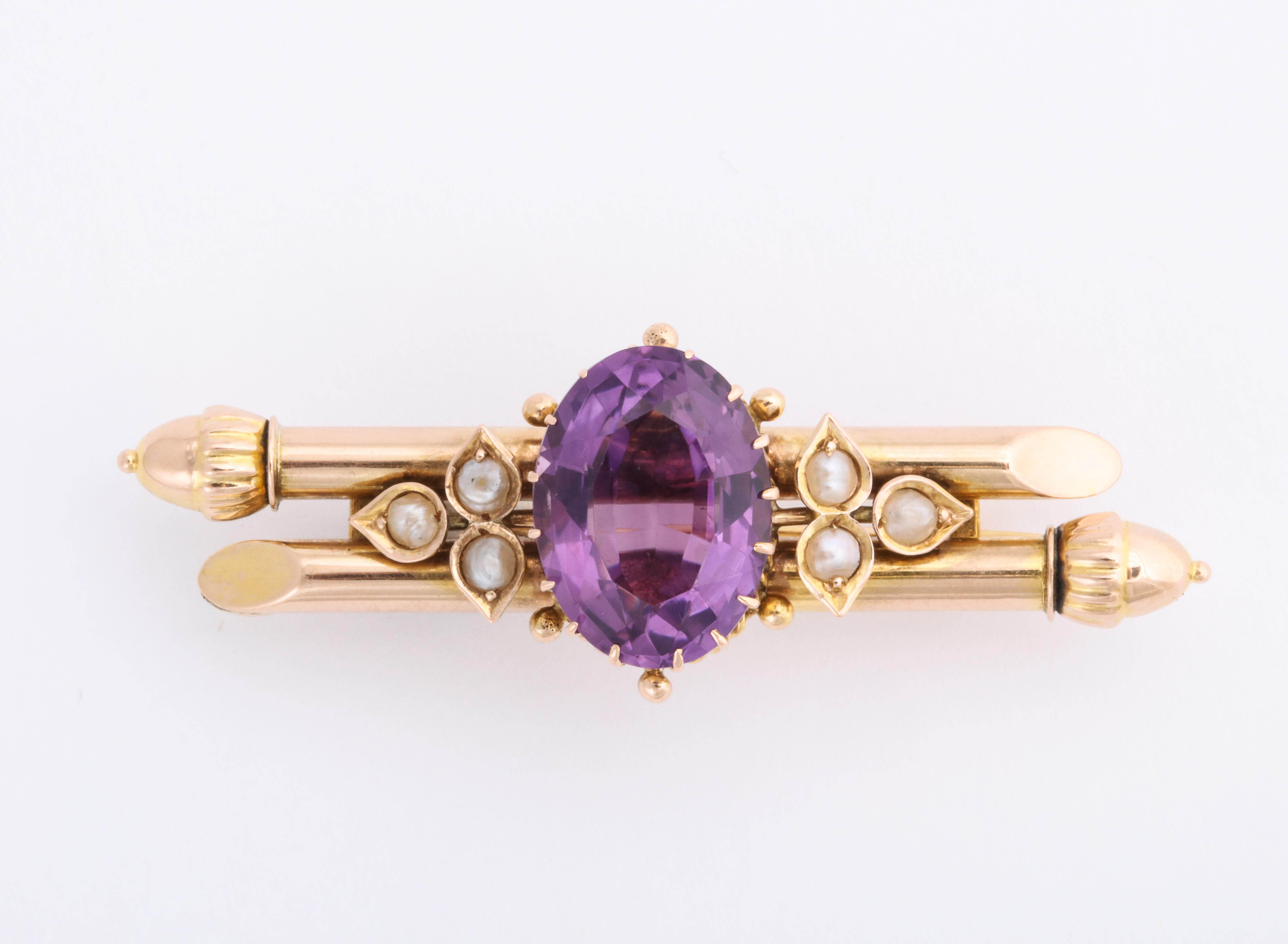 Women's or Men's Russian Gold Amethyst and Pearl Pin, circa 1900