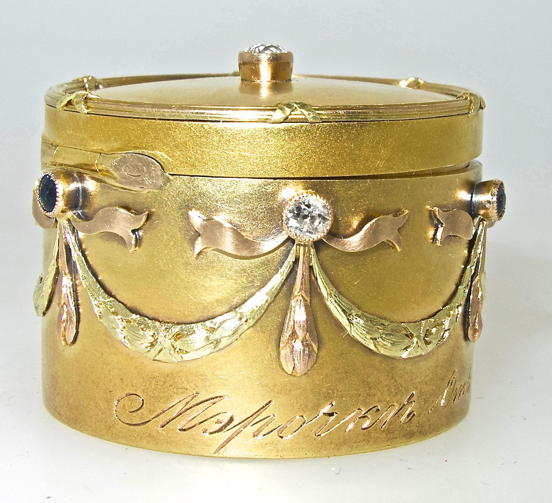 Victorian Russian Gold, Diamond and Sapphire Small Box, circa 1917