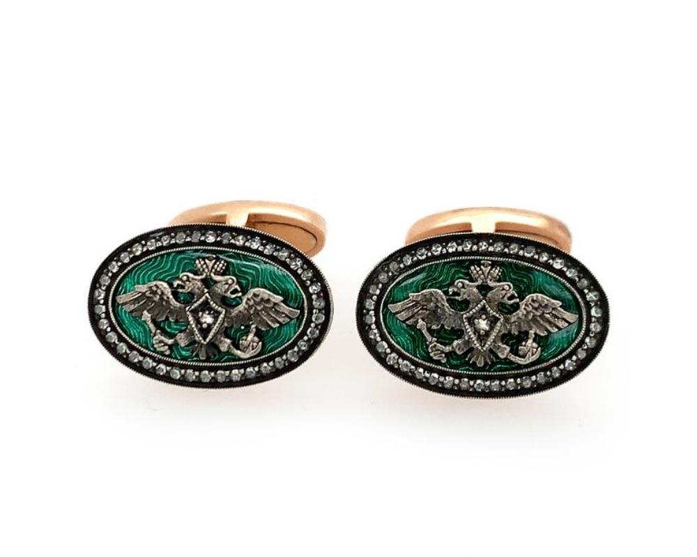 Russian Gold Diamond Enamel Cufflinks In Excellent Condition In New York, NY
