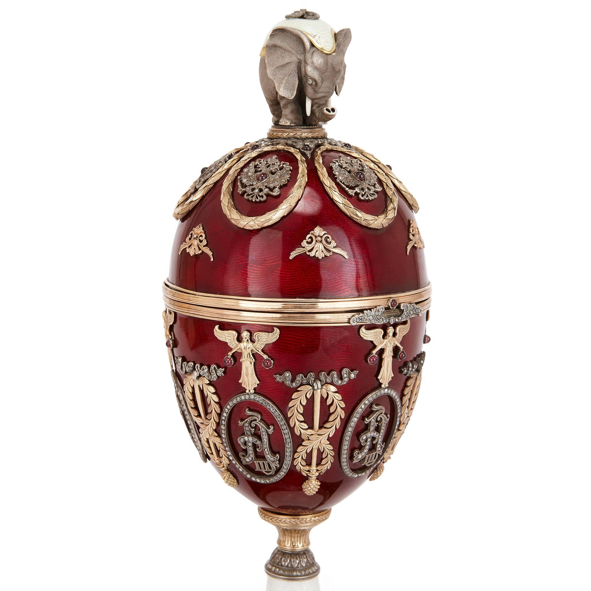 This truly exquisite egg is crafted after the notorious be jewelled eggs of Carl Faberge, the famous maker, renowned for creating the spectacular Imperial Easter eggs for the Romanov dynasty. This egg, like the original Imperial eggs, is expertly