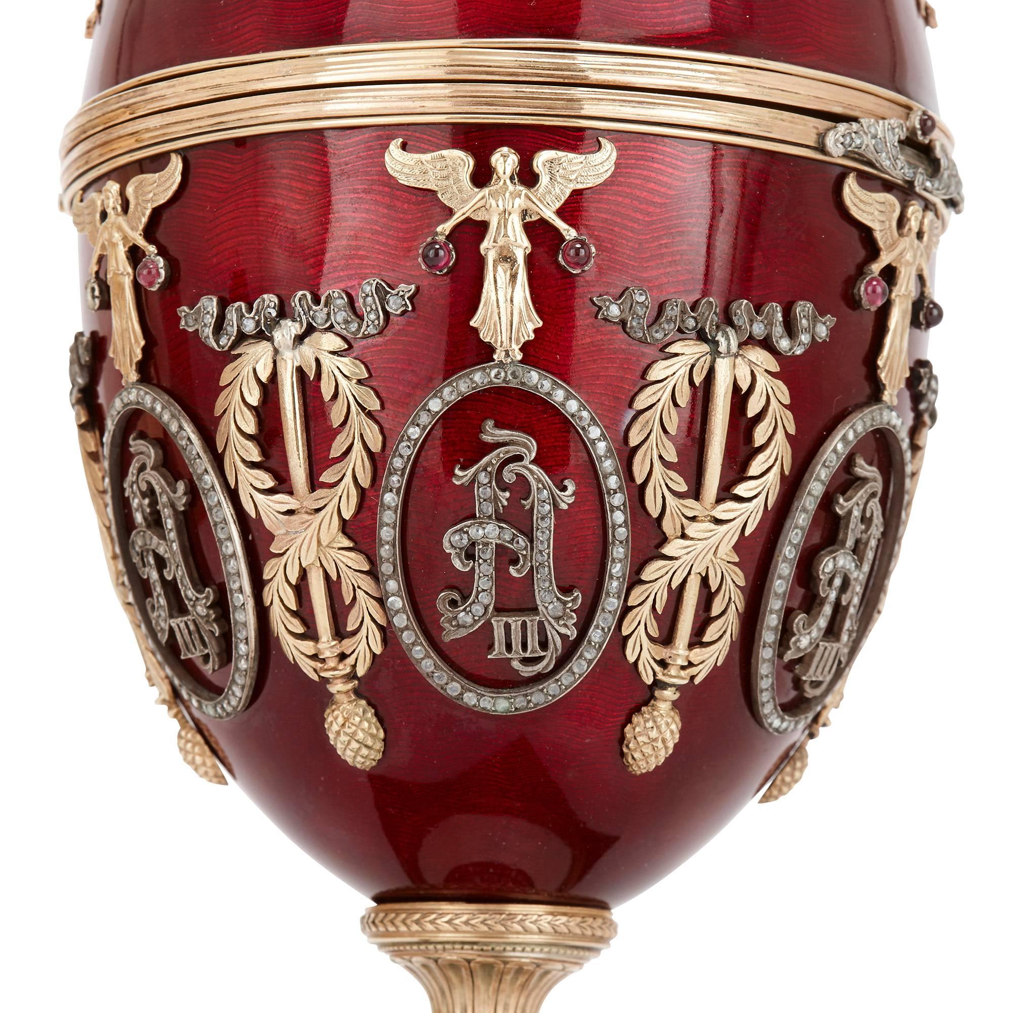 Russian Gold, Diamond, Nephrite and Enameled Egg in the Style of Faberge 1