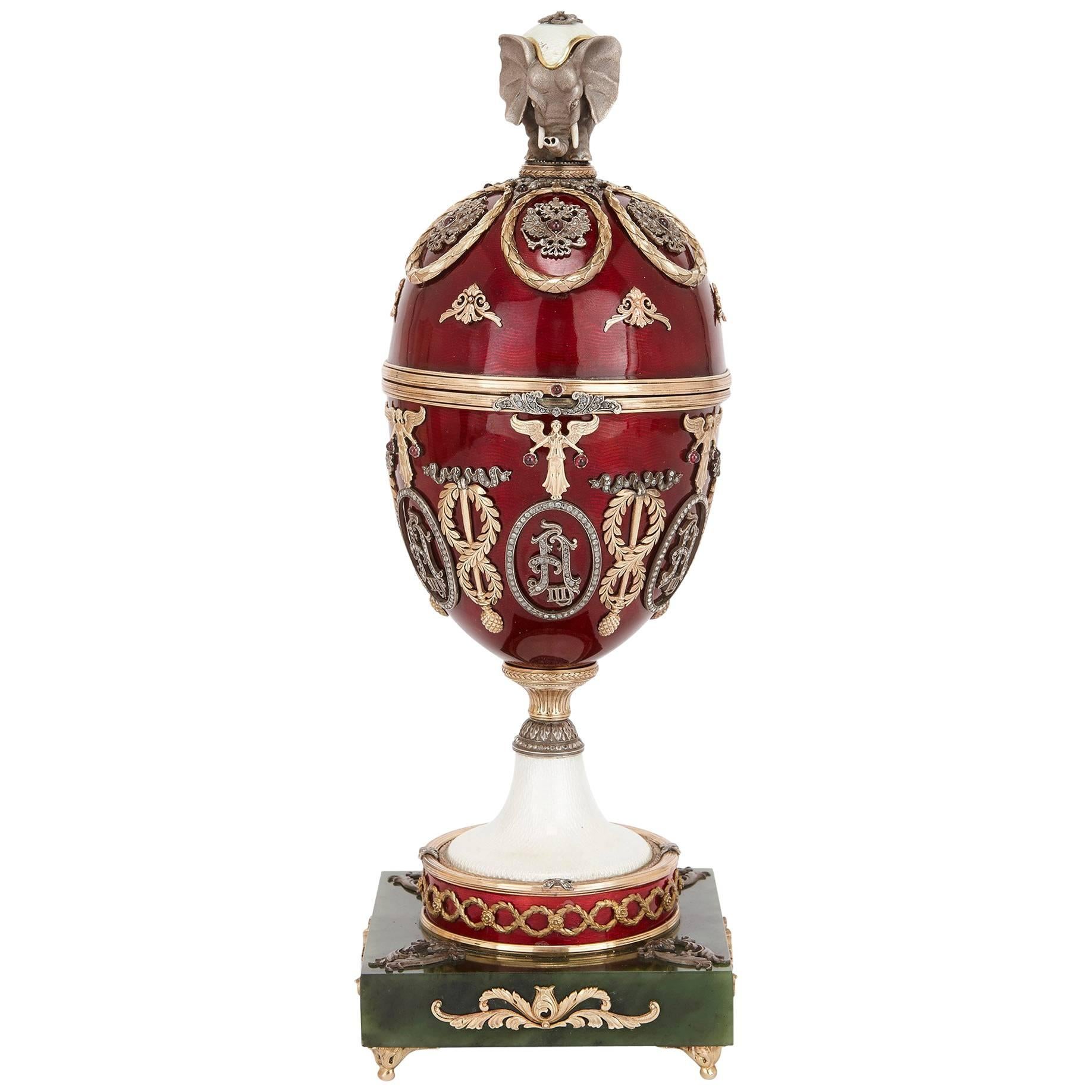 Russian Gold, Diamond, Nephrite and Enameled Egg in the Style of Faberge