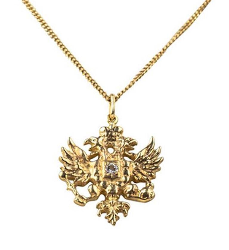 Antique Cushion Cut Russian Gold Diamond Romanov Eagle Pendant by Marie Betteley