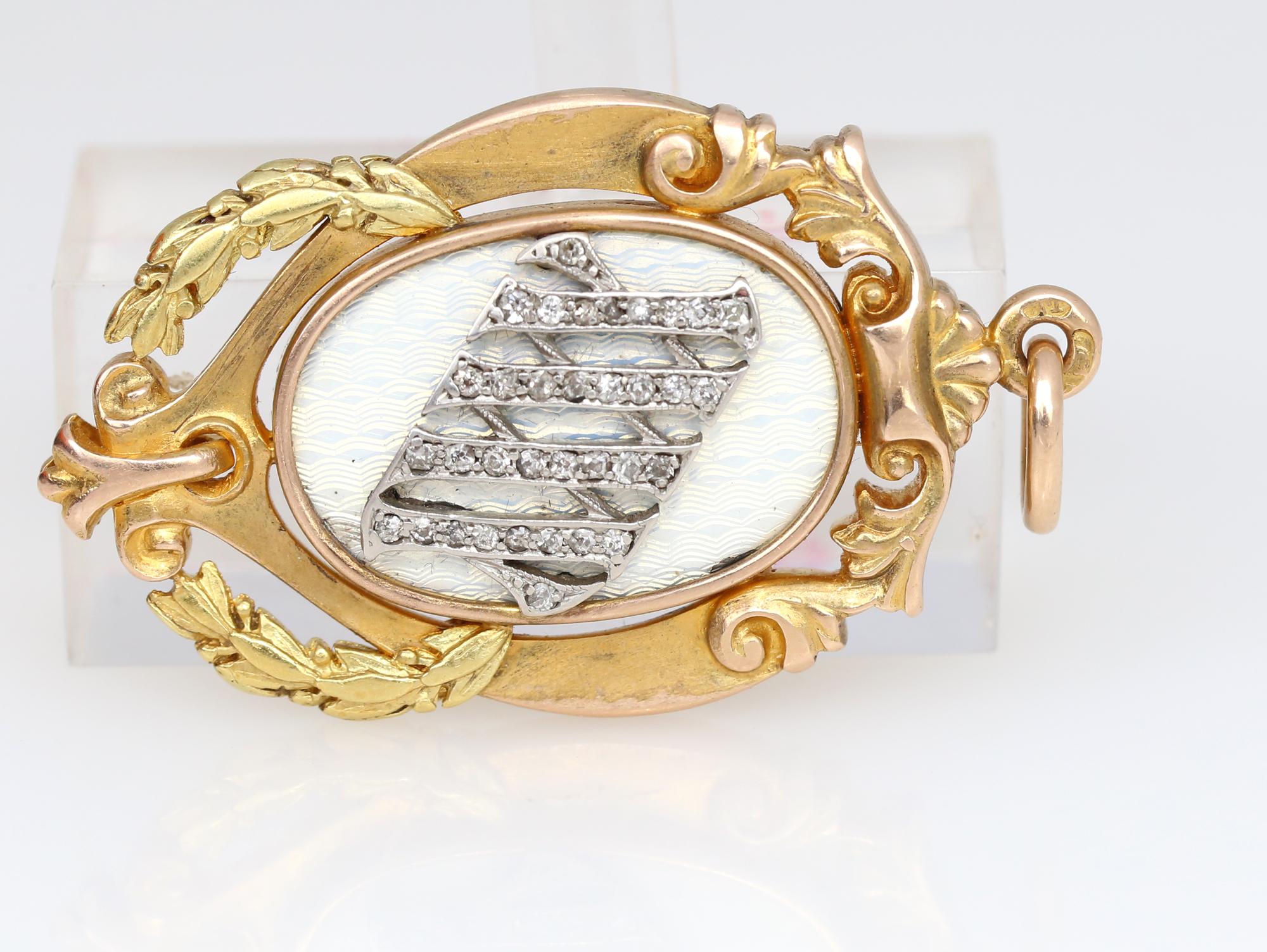 Enamel Gold Diamonds 56 Hallmark Cyrillic Guilloche Pendant, 1916 In Good Condition For Sale In Herzelia, Tel Aviv