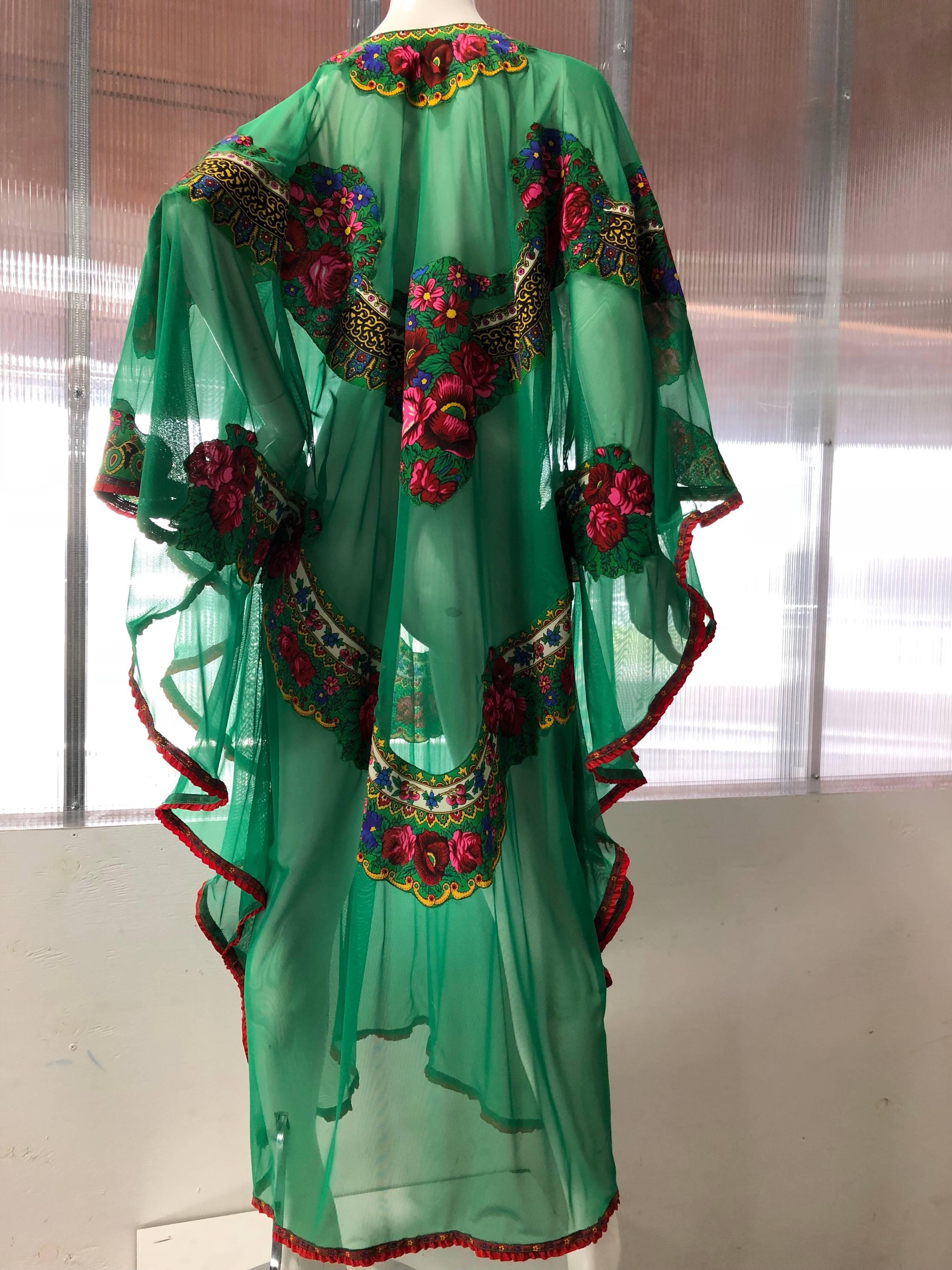 Russian Gypsy Floral Applique Emerald Green Net Caftan W/ Floral Ribbon Trim 5